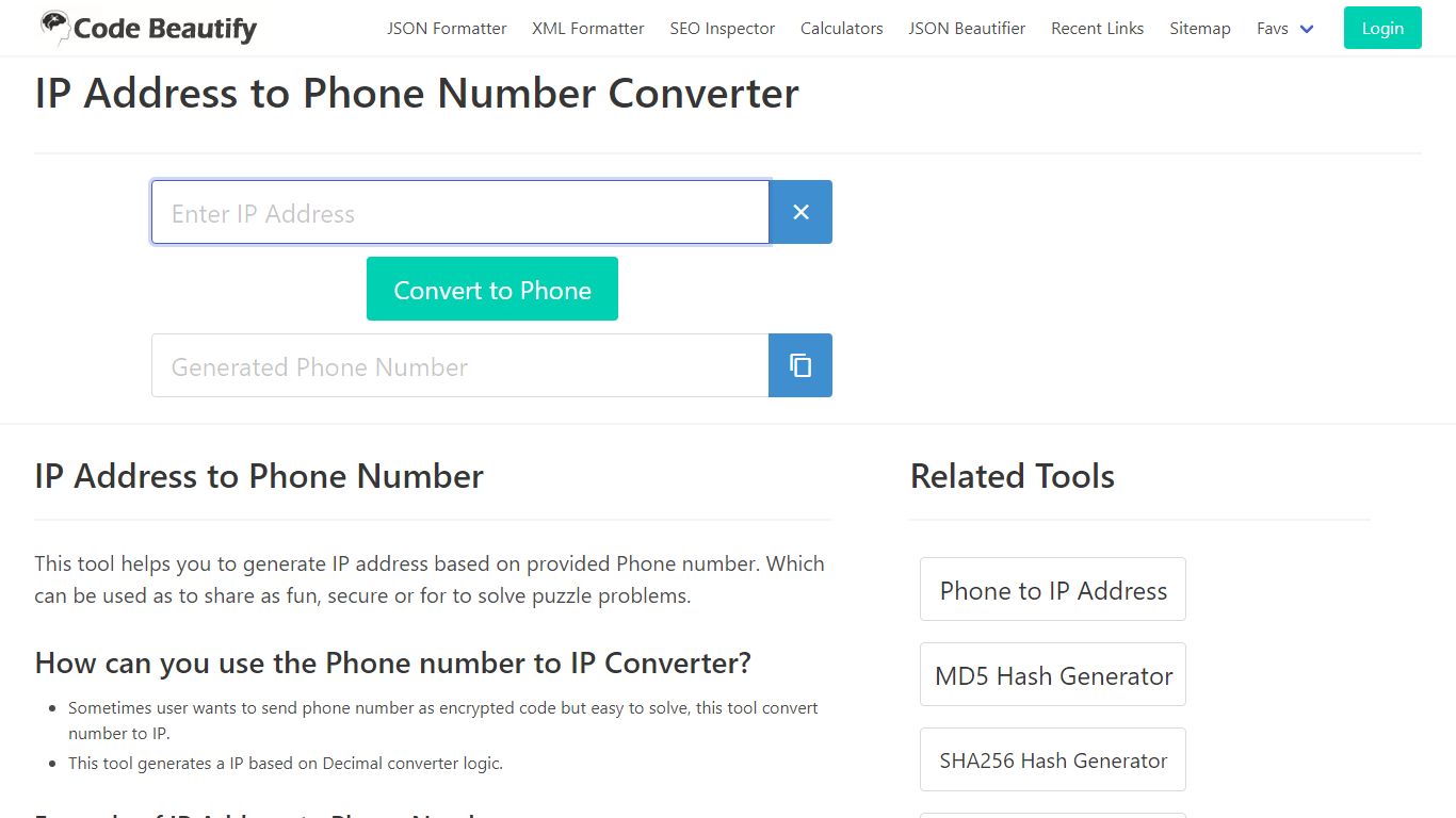 IP Address to Phone Number Converter Online - Code Beautify